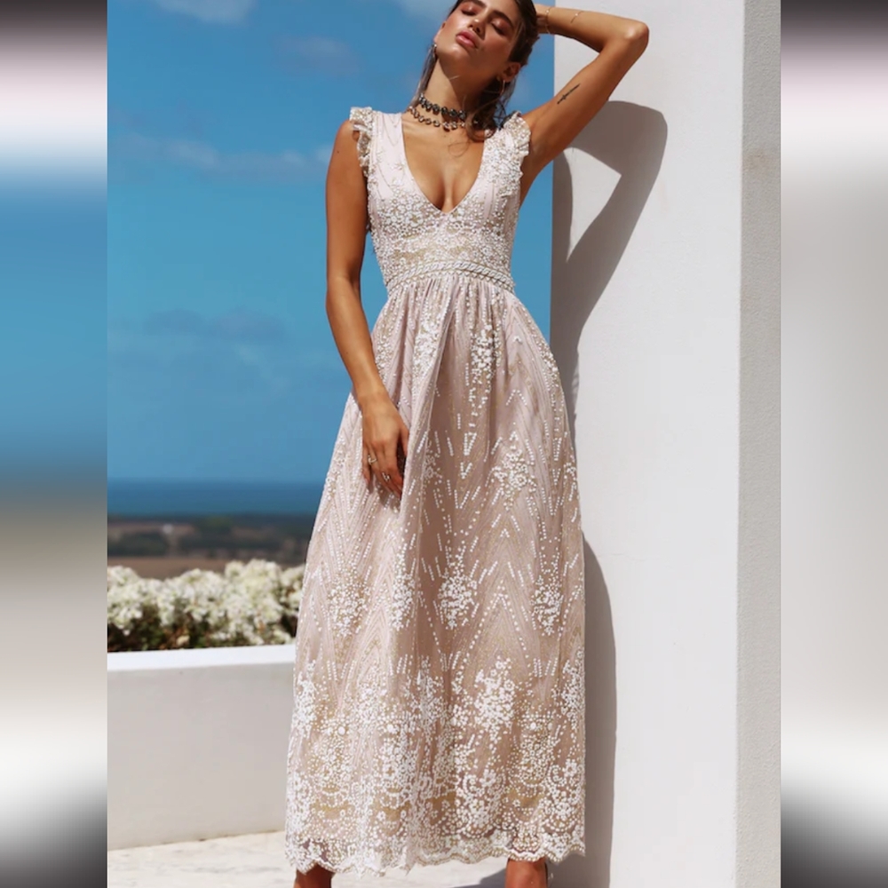 Hello Molly Lace Embellished Cream Dress #124